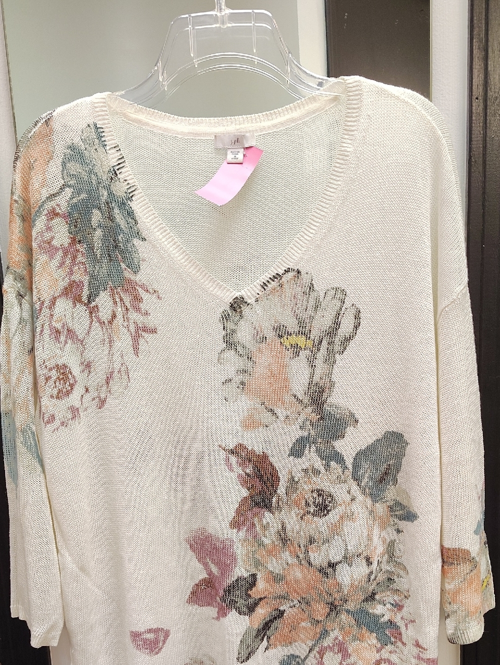 J. Jill Cream V-Neck Floral Knit Sweater with Muted Pastels